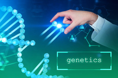 蓝色白色对角 dna 螺旋与它的部分散落在蓝色绿色模糊背景。生物技术、生物学、医学和科学概念。3d 渲染模拟色调图像